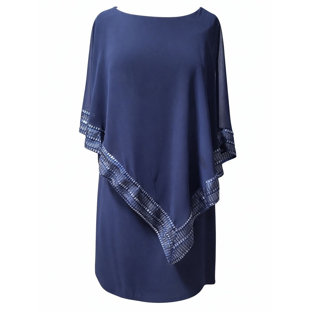SLNY Navy Blue Chiffon Cape Overlay‎ Cocktail Dress Silver Trim SL111176 size 6